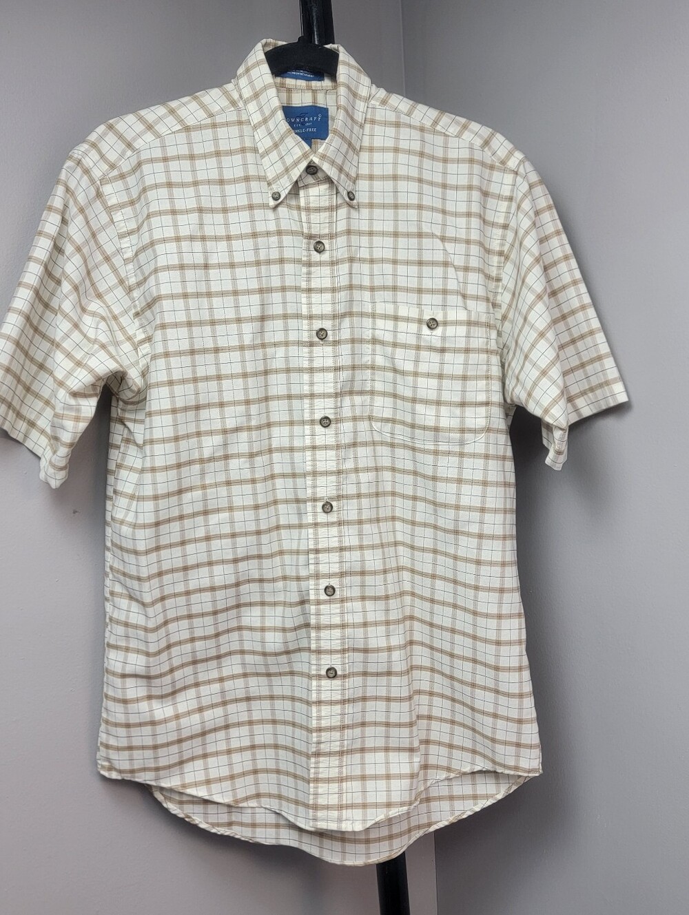 Town Craft Wrinkle-Free Oxford Shirt Top Mens Small Cream Plaid Casual ButtonUpE
